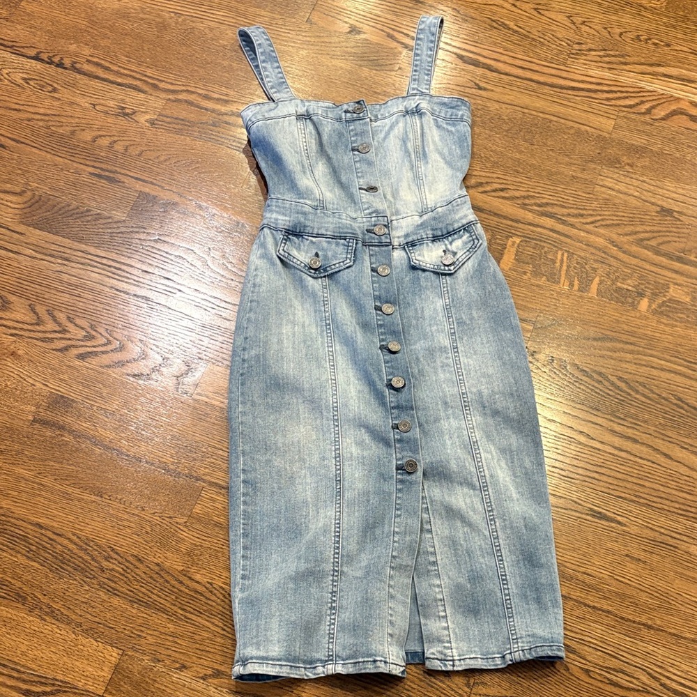 Indigo Rein Denim Button-Front Midi Dress with Straps - Light Blue, xS